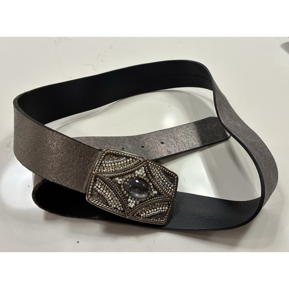 Chicos Metallic Gunmetal Embellished Buckle Leather Belt Size M